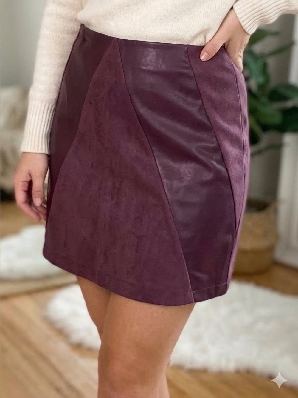 Cato Skirt Plum Mini faux leather suede stretch elastic waist casual large